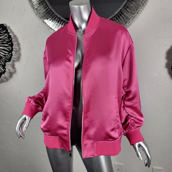 EXPRESS~SZ L~BRIGHT PINK SATIN LIKE FULL ZIP RUCHED SLEEVE BOMBER JACKET COAT - Picture 10 of 16